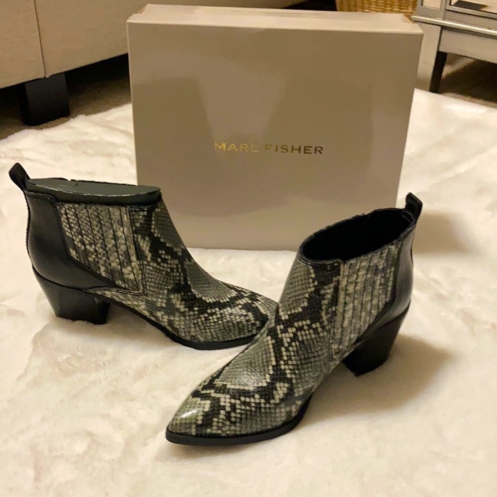 Mark Fisher black Snakeskin pattern booties.